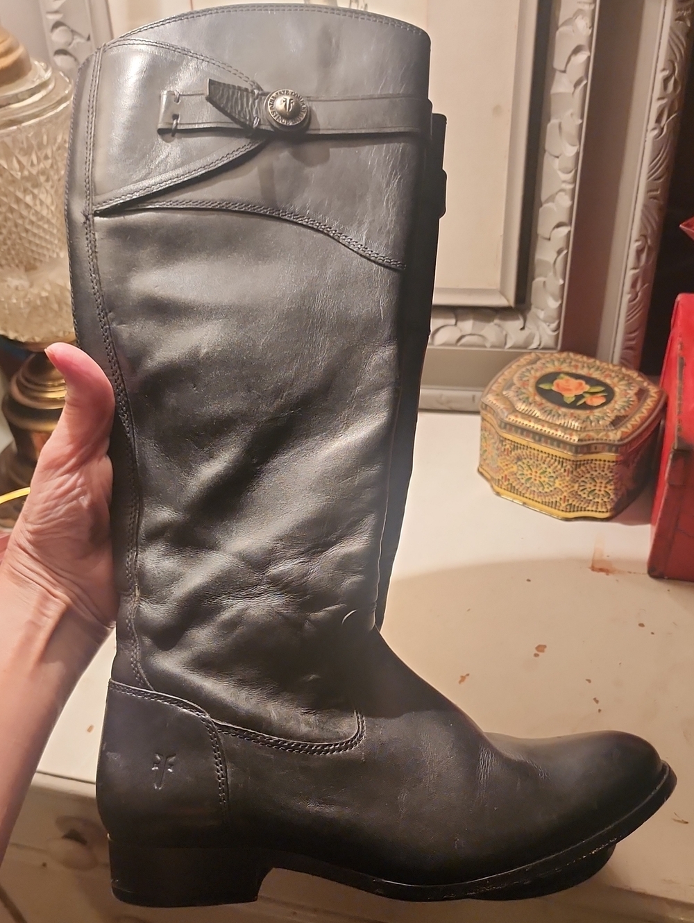 Frye Black Leather Zip-Front Boots with Tan Leather Lining